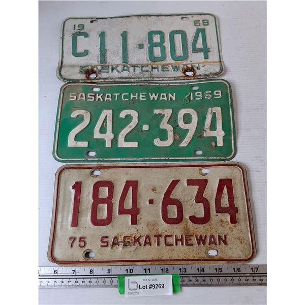(3) License Plates- Saskatchewan 1968, 69, 75