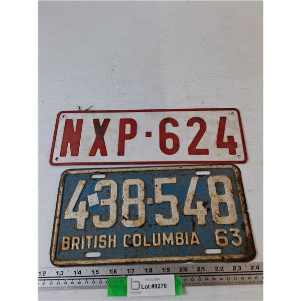 (2) License Plates- British Columbia 1963 and Red/White Sign