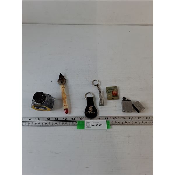 Empty Ink Vial, Bottle/Can Opener, Scotiabank & Canada Day Keychain, Matchbox and Lighter As-Is