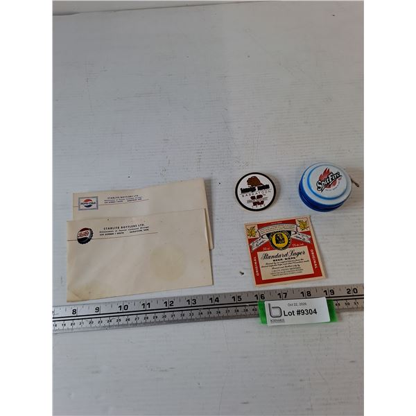 (2) Pepsi-Cola Envelopes, Standard Lager Beer Cover, King's Men Pin 1986, Spitfire Wooden Yoyo Works
