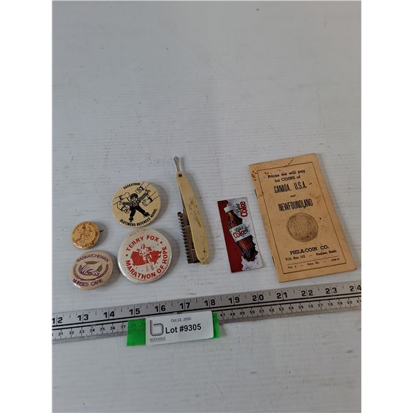 Canadian Coin Book Guide, Straight Razor With Safety Teeth, (4) Pins, Terry Fox, Bugs Bunny, Misc
