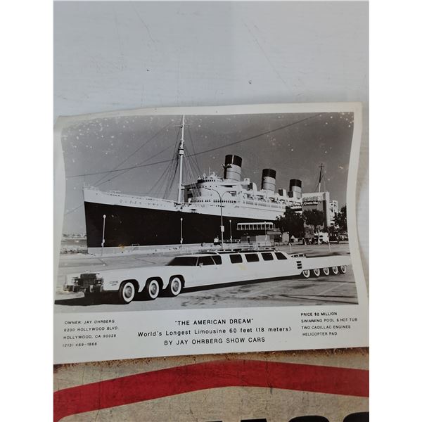 World's Longest Limo Beside Queen Mary Ship Picture, Texaco Metal Sign