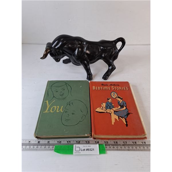 Bull Ceramic Statue, (2) Books, You and Uncle Arthur's Bedtime Stories
