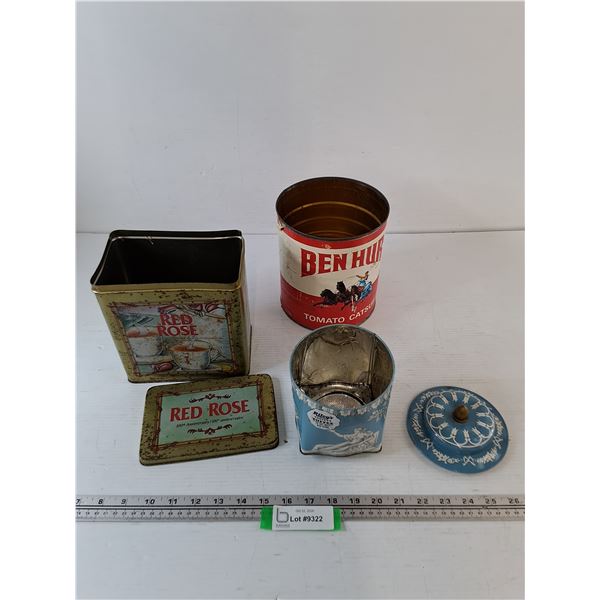 (3) Tin Canisters, Red Rose Tea, Riley's Variety Toffee, Ben Hur Tomato Catsup