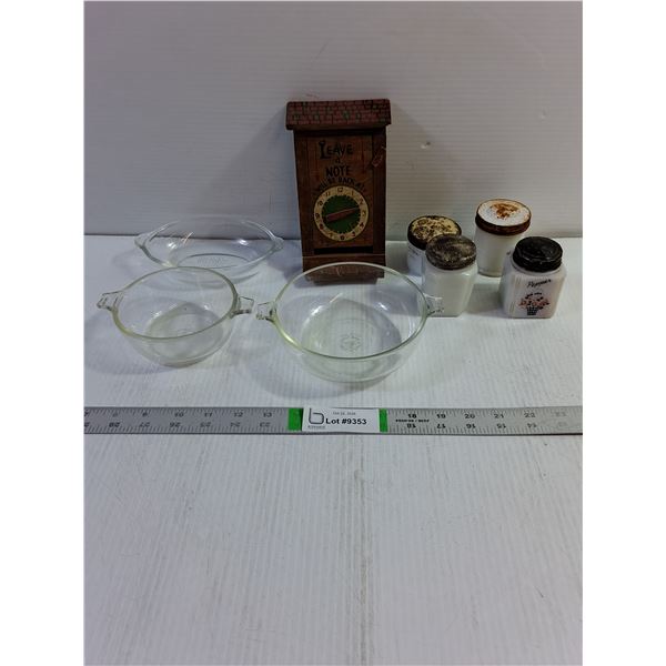 (4) Small Milk Glass Containers,(3) Small Pyrex Casserole Dishes (no lids),Vintage  Leave a Note  Bo