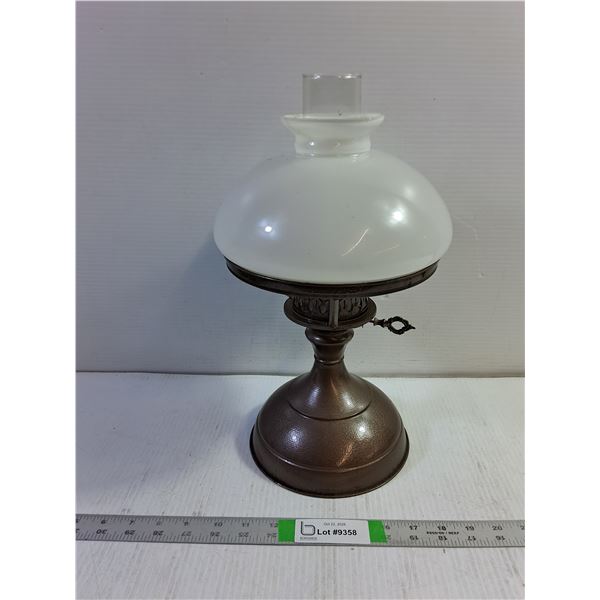 Vintage Oil Table Lamp Featuring a Bronzed or Copper Finished Metal Base,Milk Glass Globe Shade,Gla
