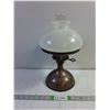 Image 1 : Vintage Oil Table Lamp Featuring a Bronzed or Copper Finished Metal Base,Milk Glass Globe Shade,Gla