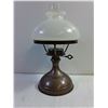 Image 2 : Vintage Oil Table Lamp Featuring a Bronzed or Copper Finished Metal Base,Milk Glass Globe Shade,Gla