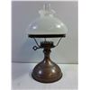 Image 3 : Vintage Oil Table Lamp Featuring a Bronzed or Copper Finished Metal Base,Milk Glass Globe Shade,Gla