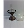 Image 5 : Vintage Oil Table Lamp Featuring a Bronzed or Copper Finished Metal Base,Milk Glass Globe Shade,Gla