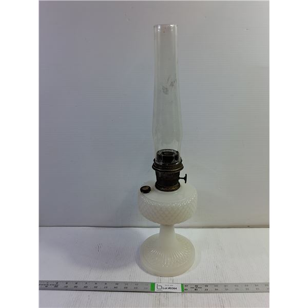 Aladdin Model B-91 Quilt Oil Lamp-Features White Moonstone Diamond Quilt Font-Chimney has Damage