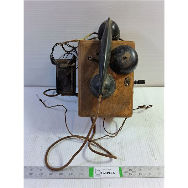 Antique Wooden Crank Ringer Box with Non-Dial Desk Telephone