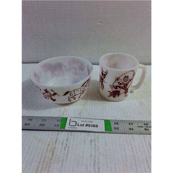 Vintage Hazel-Atlas Circus Clown Milk Glass Mug and Cereal Bowl