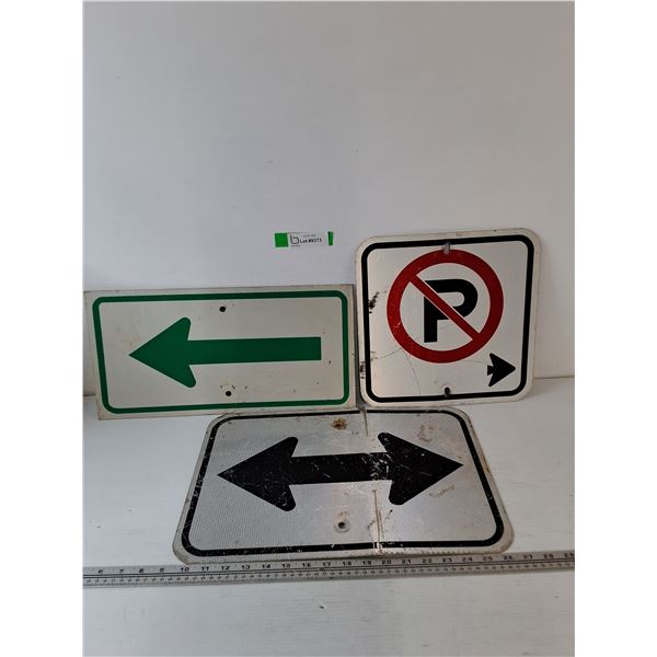 (3) Roadway Signs, No Parking Left, Directions