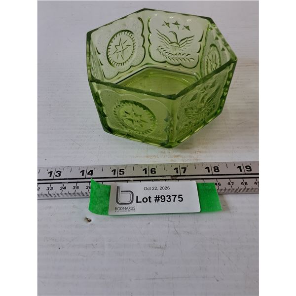Indiana Glass Tiara Green Candy Dish/Trinket Box with Federal Eagle & Stars, No Lid
