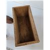 Image 10 : (3) Vintage Glass Electrical Insulators, (2) Metal Irons, (1) Iron Stand, (1) Wooden Box