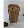 Image 11 : (3) Vintage Glass Electrical Insulators, (2) Metal Irons, (1) Iron Stand, (1) Wooden Box
