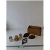 Image 1 : (3) Vintage Glass Electrical Insulators, (2) Metal Irons, (1) Iron Stand, (1) Wooden Box
