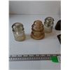 Image 2 : (3) Vintage Glass Electrical Insulators, (2) Metal Irons, (1) Iron Stand, (1) Wooden Box