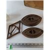 Image 5 : (3) Vintage Glass Electrical Insulators, (2) Metal Irons, (1) Iron Stand, (1) Wooden Box
