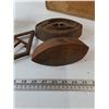 Image 6 : (3) Vintage Glass Electrical Insulators, (2) Metal Irons, (1) Iron Stand, (1) Wooden Box