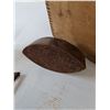 Image 7 : (3) Vintage Glass Electrical Insulators, (2) Metal Irons, (1) Iron Stand, (1) Wooden Box