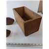 Image 9 : (3) Vintage Glass Electrical Insulators, (2) Metal Irons, (1) Iron Stand, (1) Wooden Box