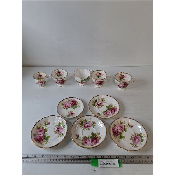 (4) Royal Albert American Beauty Porcelain Teacups and (5) Saucers, (1) Queen Anne Teacup