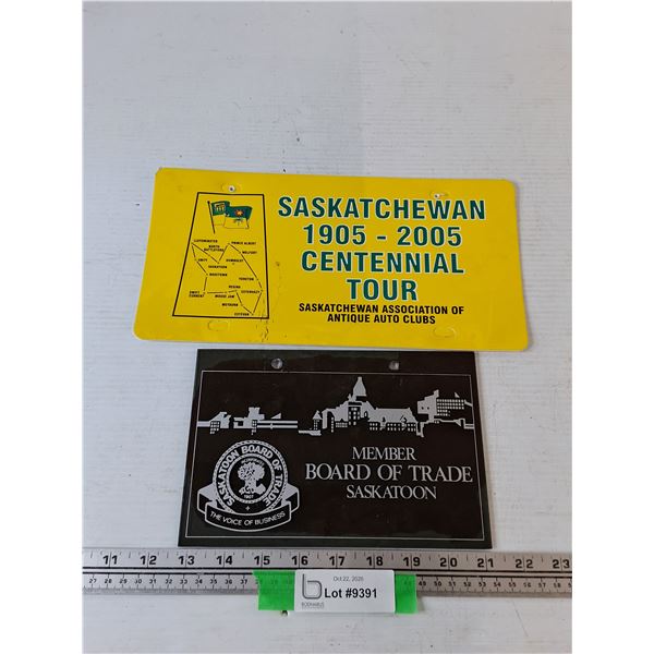 License Plate and Sign, Saskatchewan Centennial Tour, Board Member of Trade Saskatoon