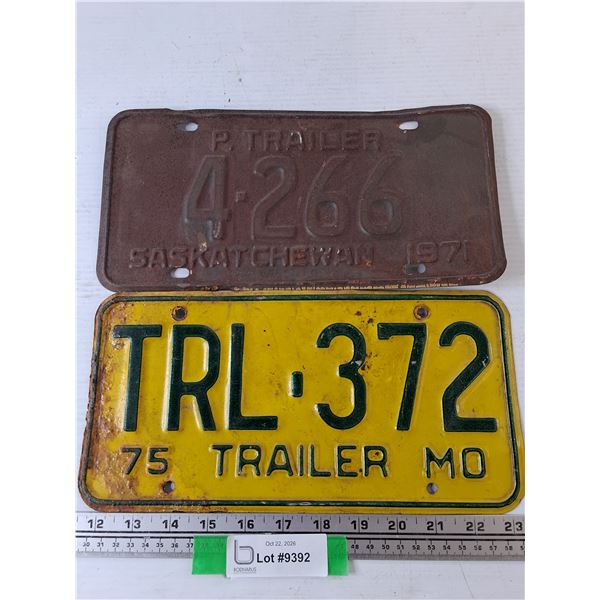 (2) License Plates, P Trailer Saskatchewan 1971, 1975 Trailer MO