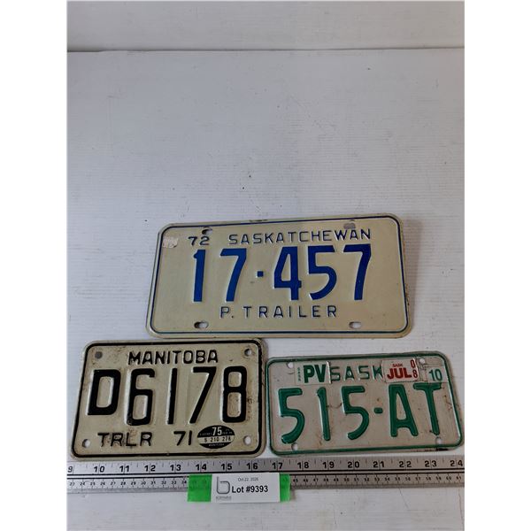 (3) License Plates, Saskatchewan 1972 Trailer, Bike Plate 2010, Manitoba Trailer 1971