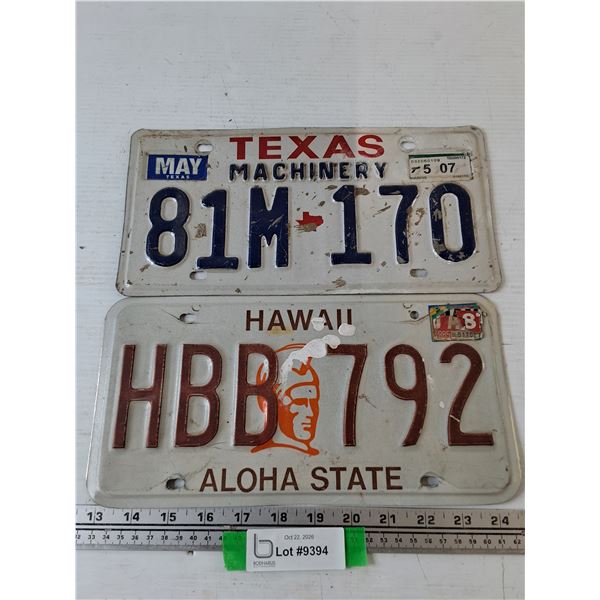 (2) License Plates,  Texas Machinery 2007, Hawaii 2008