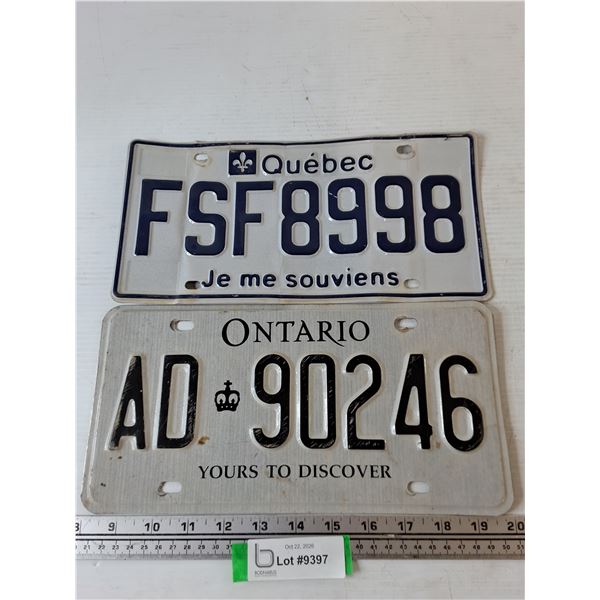 (2) License Plates, Ontario and Quebec