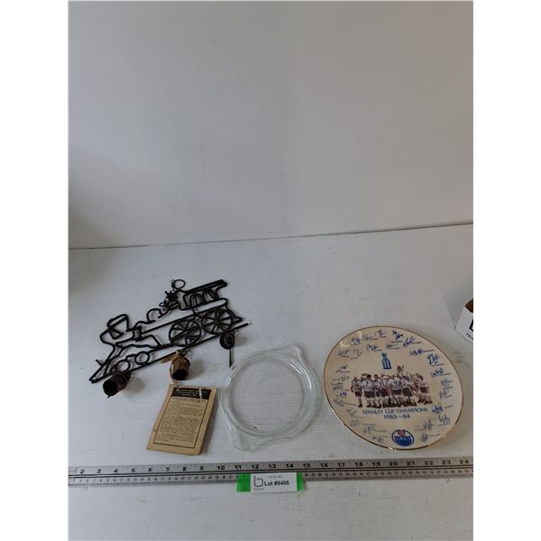 Metal Windchime Bells As-Is, Stanley Cup Oilers 1993-84 Commemorative Plate, Pyrex Lid