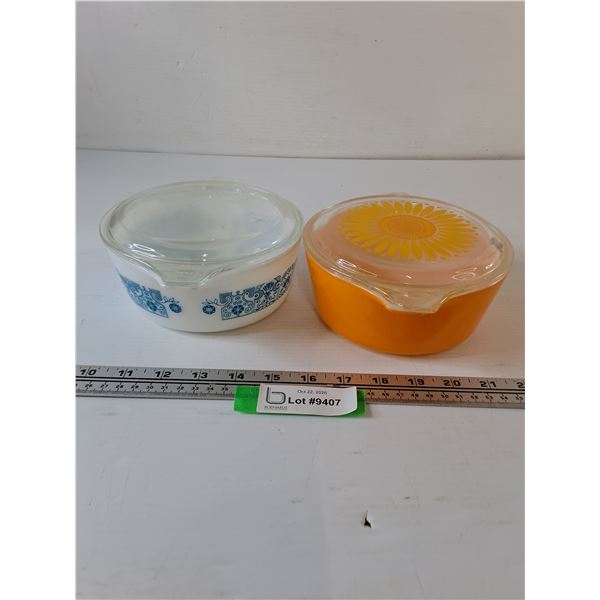 (2) Pyrex Handled Casserole Dishes with Chipped Lids, Blue/White and Sunflower