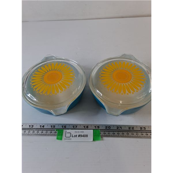 (2) Blue Pyrex Casserole Dishes with Sunflower Lids, Cracked Handles