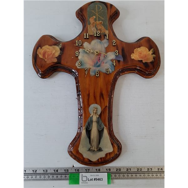 Christian Religious Clock with Wooden Cross Body and Religious Iconography Untested As-Is