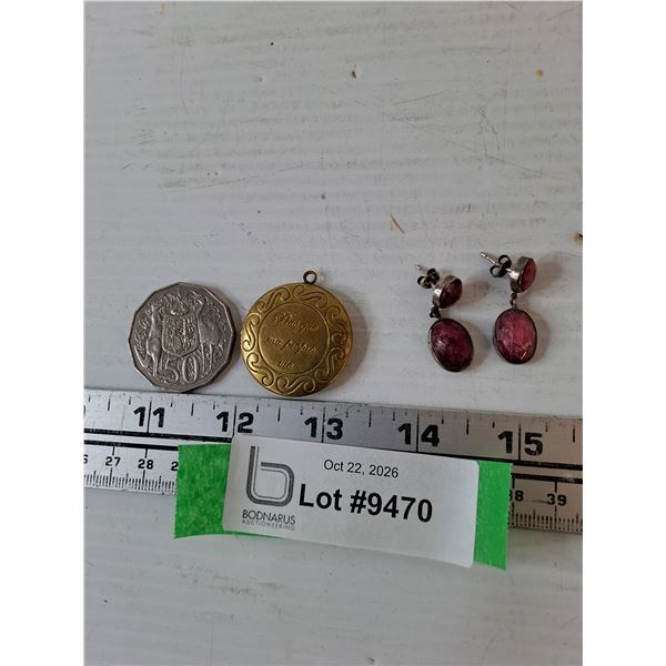 Pair of Earrings, Metal Locket with  More Than My Own Life  French Inscription, Australian 50p Coin