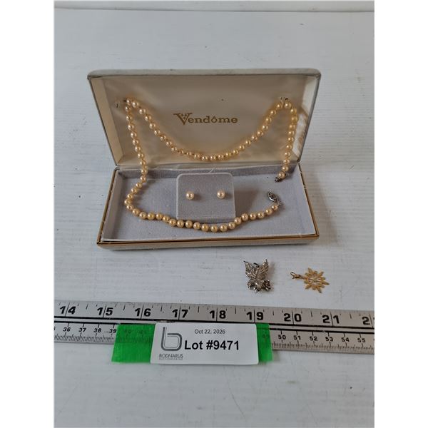 Vendome Pearl Necklace, Pair of Earrings, (2) Necklace Decorative Pendants