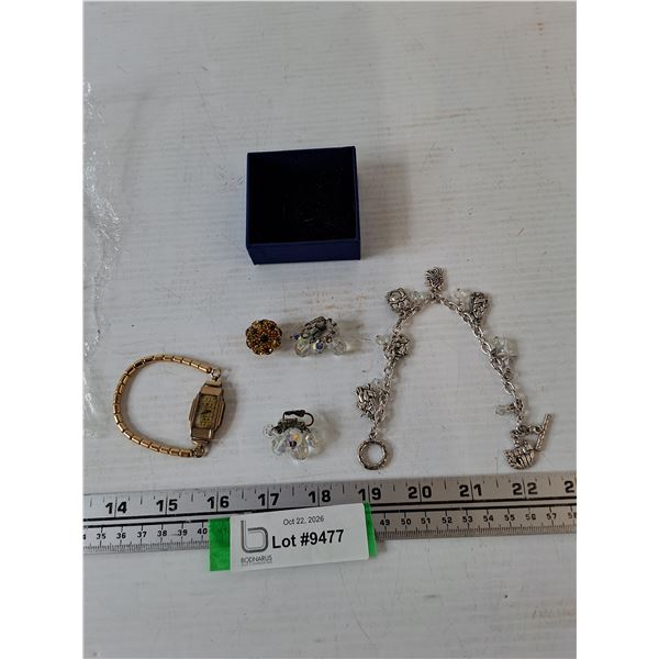 Small Jeffrey Watch Untested, (2) Globe Earrings, (1) Charm Wristband, Circular Jeweled Bauble