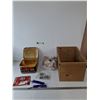 Image 1 : (2) Purple Artifical Feathers, (9) Tea Bags, Tea Tin Container and Wooden Box