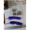 Image 2 : (2) Purple Artifical Feathers, (9) Tea Bags, Tea Tin Container and Wooden Box