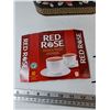 Image 3 : (2) Purple Artifical Feathers, (9) Tea Bags, Tea Tin Container and Wooden Box
