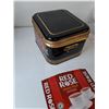 Image 5 : (2) Purple Artifical Feathers, (9) Tea Bags, Tea Tin Container and Wooden Box