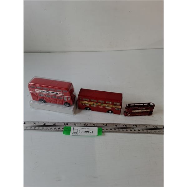(3) Scale Model Double Decker Busses, (1) Canadian, (2) British by Matchbox and Lesney As-Is