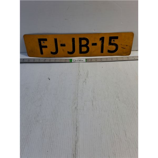 Vintage Yellow Dutch Vehicle License Plate from Netherlands