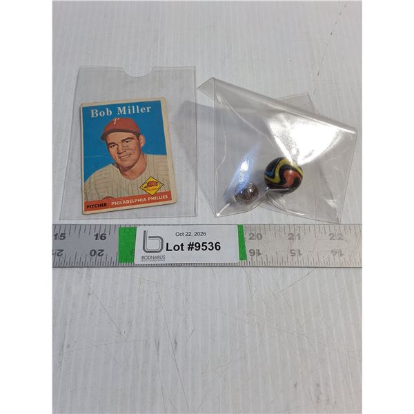 1958 Topps #326 Bob Miller Card,(2) Antique Glass Marbles