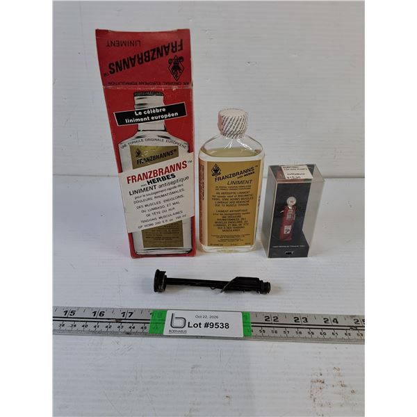 Vintage Bottle of Liniment,Miniature Texaco Gas Pump Replica,Daisy BB Gun Shot Tube Assembly
