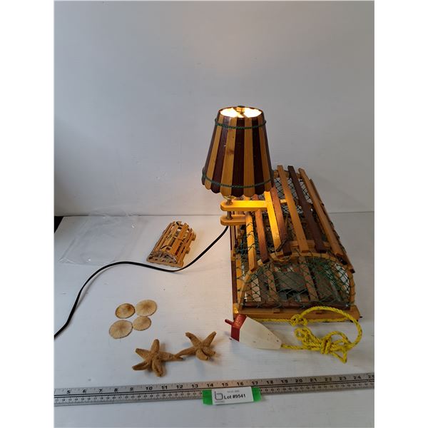 Lobster Trap Lamp Tested Works, PEI Lobster Cage Souvenir, (2) Dried Starfish As-Is, (4) Sand Dollar