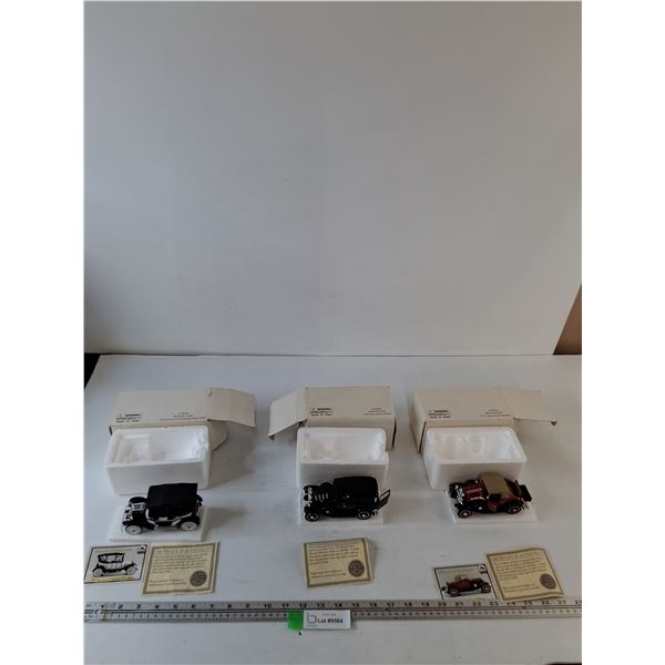 (3) Scale Model Chevys, 1915 Five Passenger, Delivery Sedan, Sports Cabriolet, with Certificates NIB